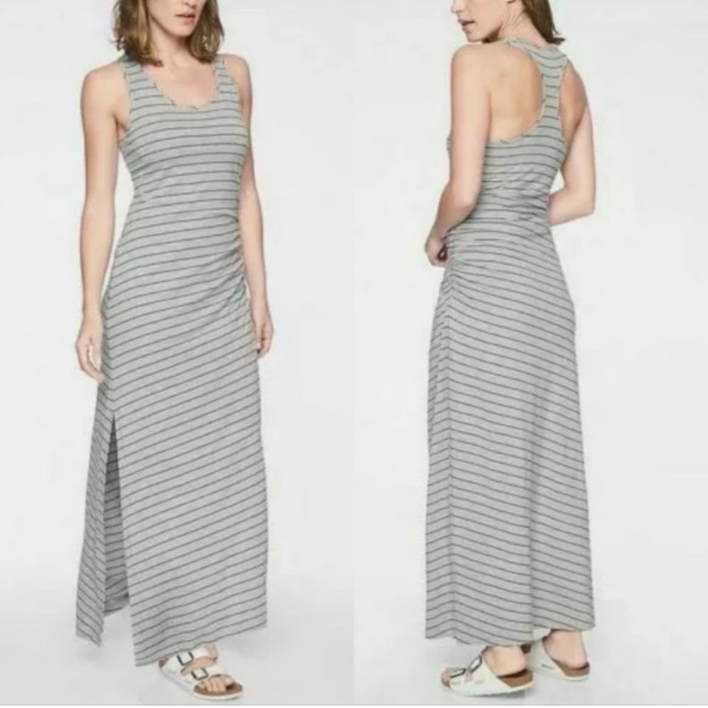 Athleta Playa Gray & Black Striped Racerback Maxi Dress Pima Cotton/ Modal XS